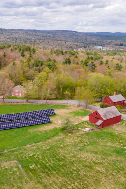 An aerial view of the Blasty Bough Brewing Company farm and solar array.