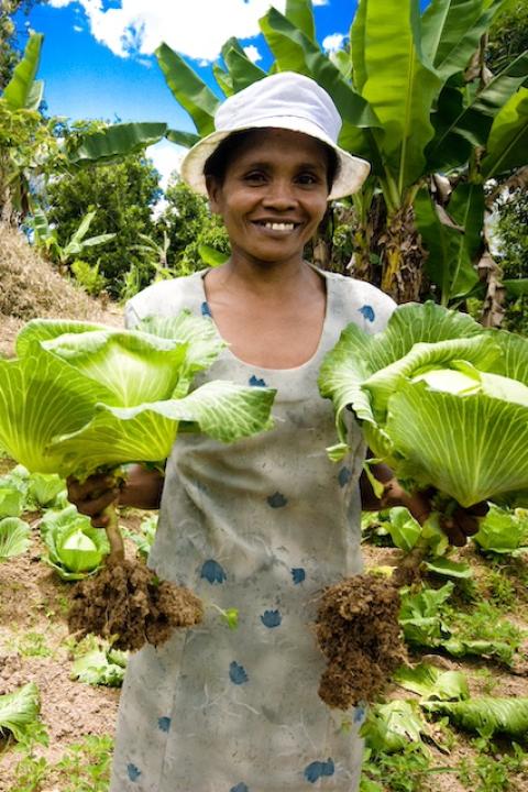 A local farmer in Vavatenina district, Madagascar, smiles at the camera while holding two heads of Chinese cabbage.