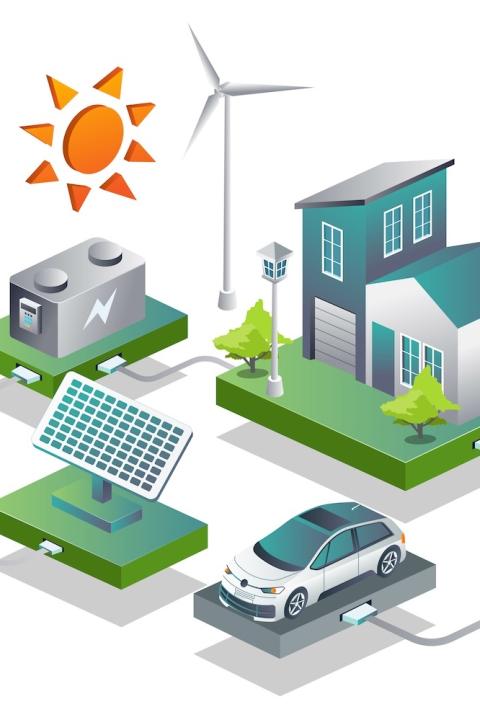 graphic representing smart grid - virtual power plants - renewable energy - electric vehicles