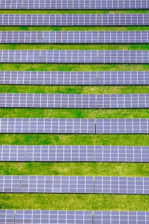 A birds eye view of lines of solar panels in a grass field — community solar