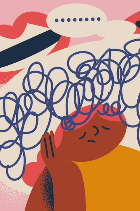 An illustration of a person feeling overwhelmed by the conversation happening around them — 