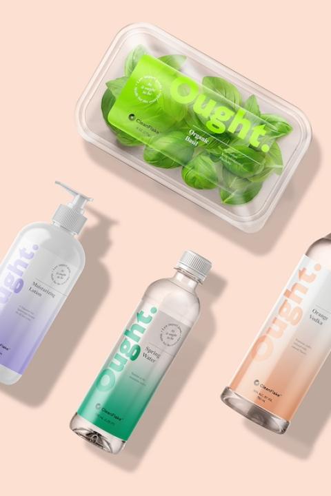 A render of plastic packaging with pressure-sensitive labels, including a spinach, lotion, water, and vodka packaging.