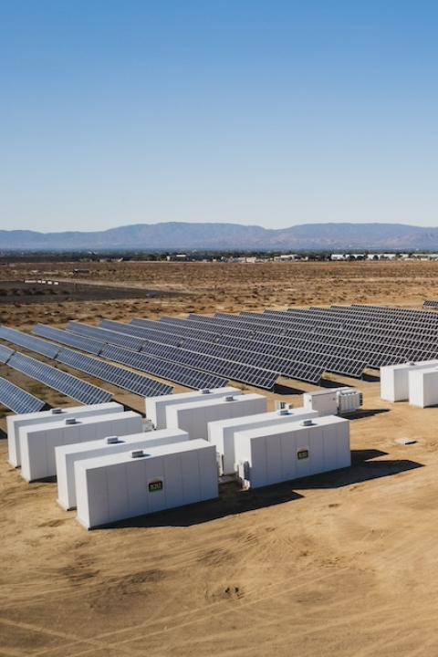 An aerial view of B2U Storage Solutions' SEPV Sierra facility in Lancaster, California, that's made up of second-life batteries and solar panels.