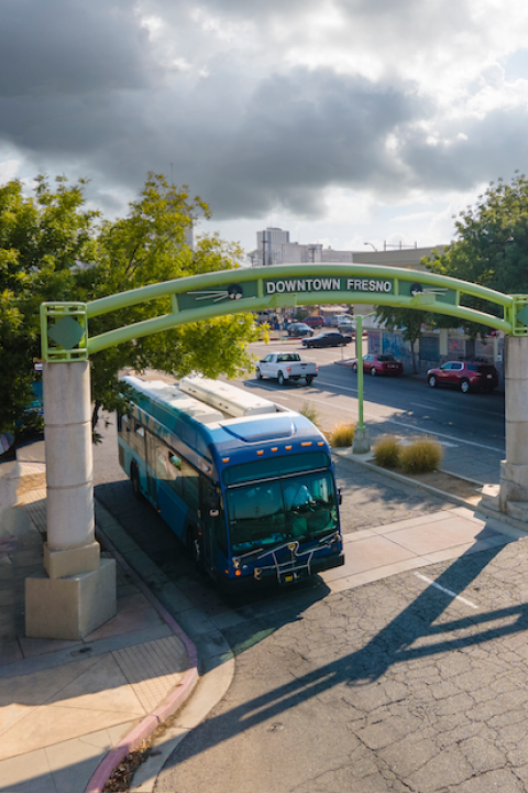 street with bus and cars in downtown fresno california — fresno is among the cities getting funding through the greenhouse gas reduction fund and inflation reduction act