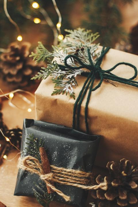 sustainable holiday gifts — gift wrapped in paper with holiday motif 