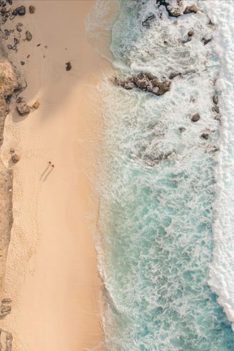 A birds eye view of two people walking along the beach — Sustainable Ocean Alliance