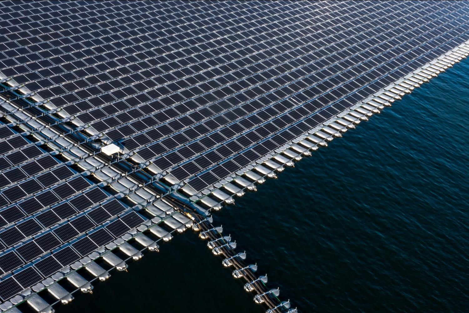 Aerial view floating solar cell power plant on a lake