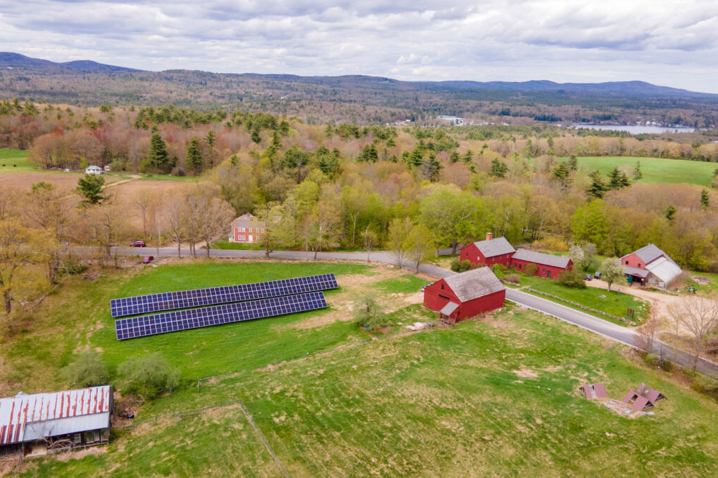 An aerial view of the Blasty Bough Brewing Company farm and solar array.