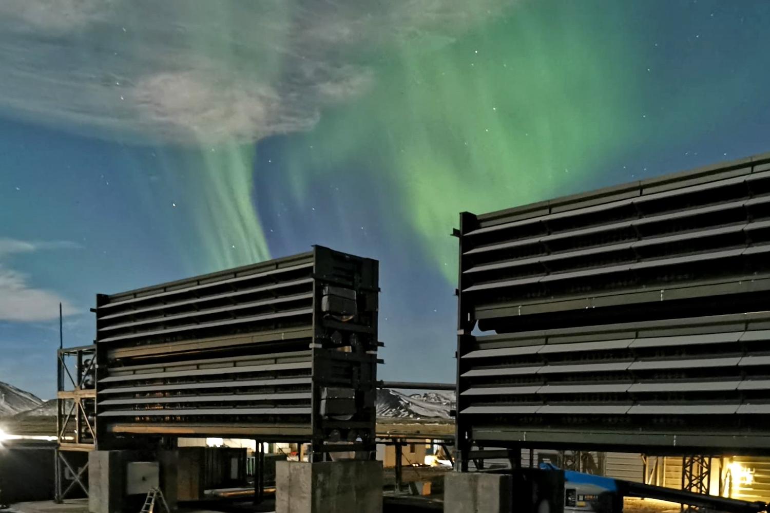 Climeworks' Orca carbon capture plant under the Northern Lights.