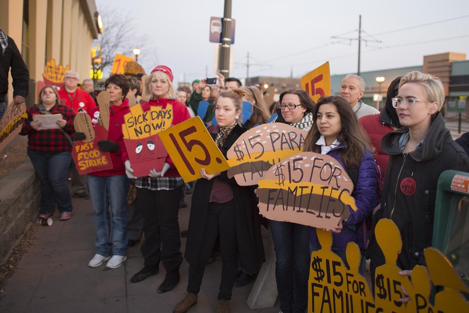 Fast food workers on strike for better pay and the right to join unions