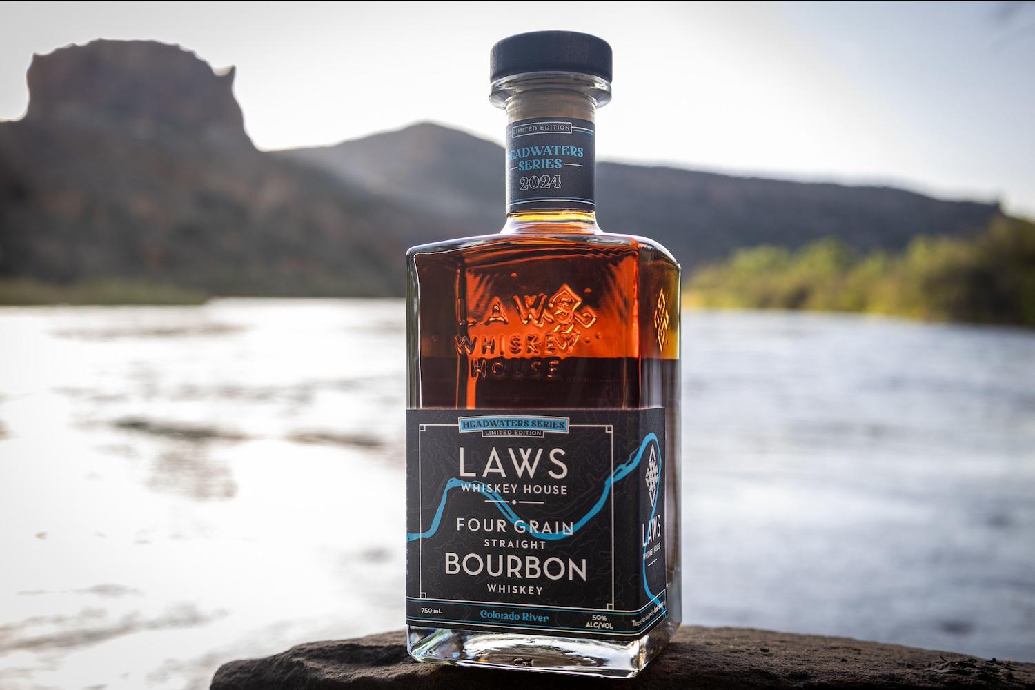 A bottle of the first whiskey in the Laws Whiskey House Headwater Series.