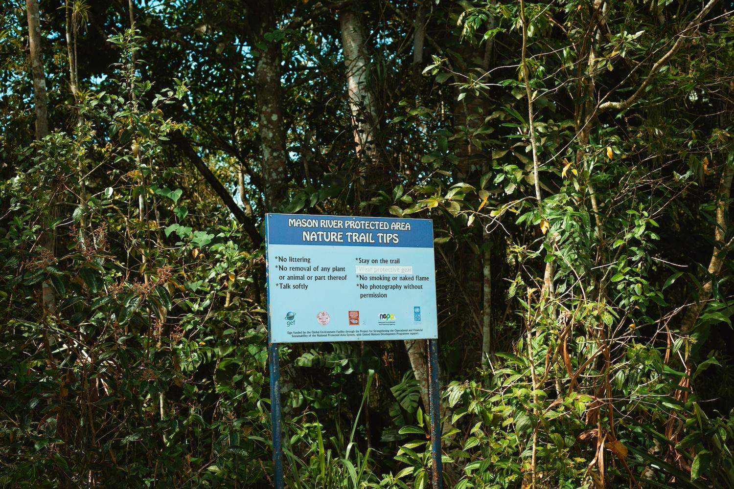 A sign reads "Mason River Protected Area: Nature trail tips." — wetlands