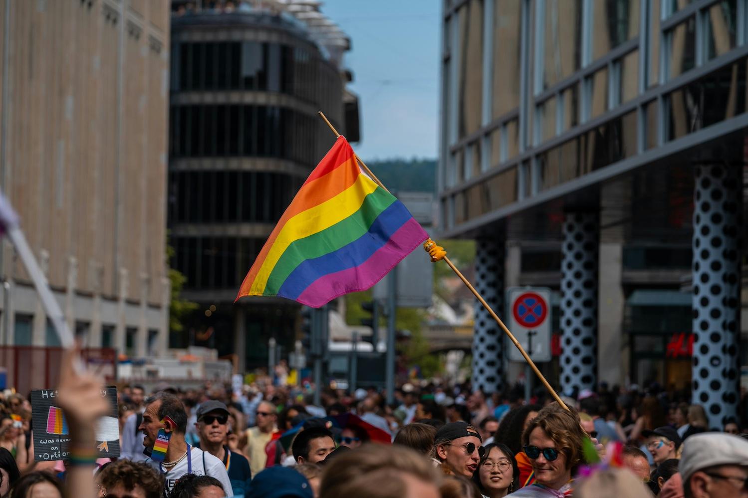 The rainbow pride flag during a Pride Month celebration. 