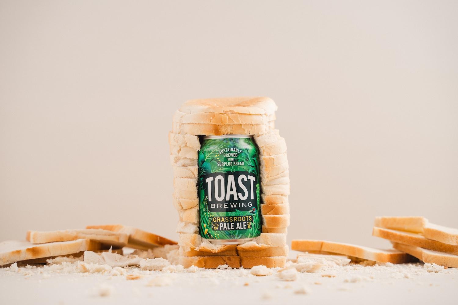 A can of Toast Brewing's beer in a loaf of bread — sustainable spirits. 
