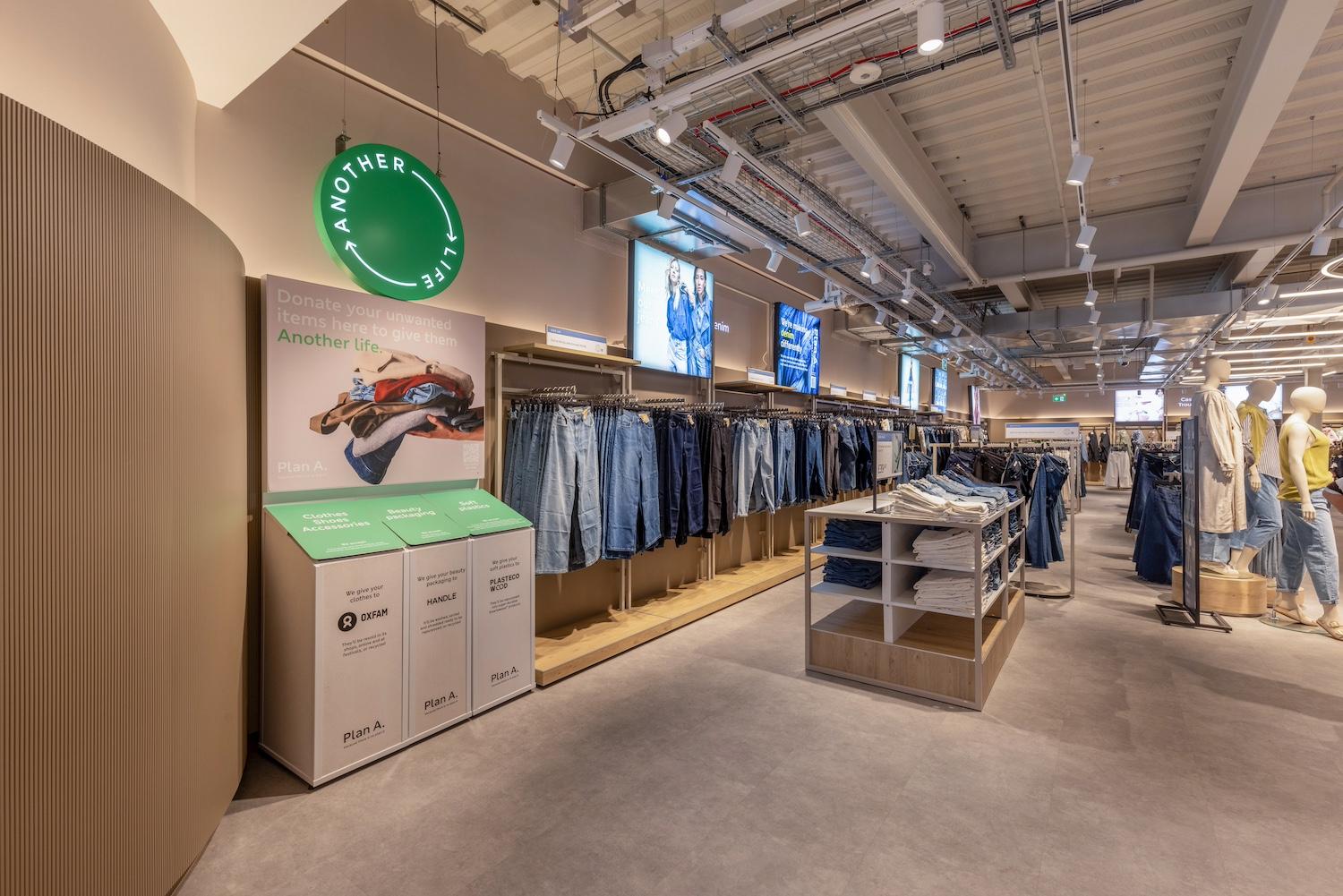 An in-store display for M&S's Plan A: Another Life initiative — sustainable fashion