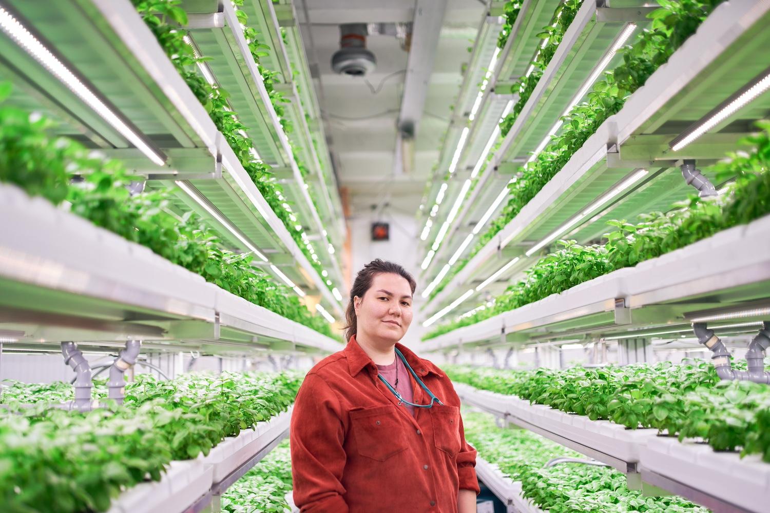 A person stands between rows of an indoor, vertical farm — ESG