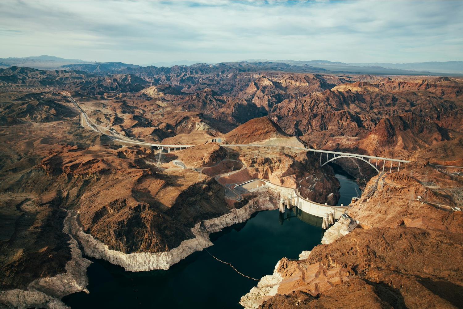 An aerial view of the Hoover Dam on the Colorado River — water scarcity