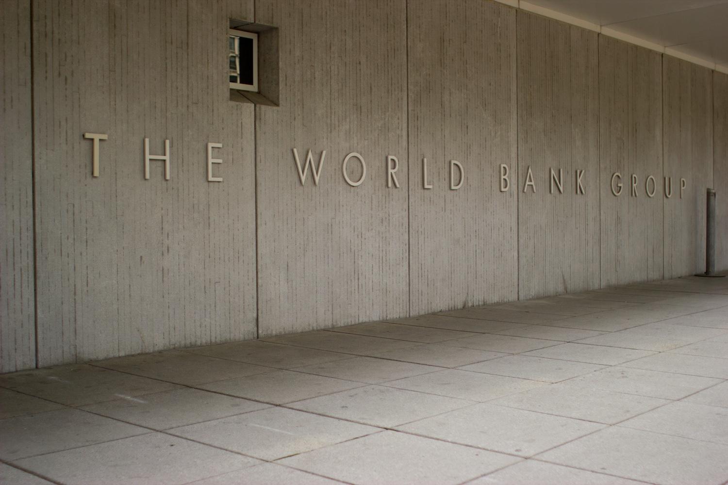 "The World Bank Group" sign on the organization's headquarters in Washington D.C.