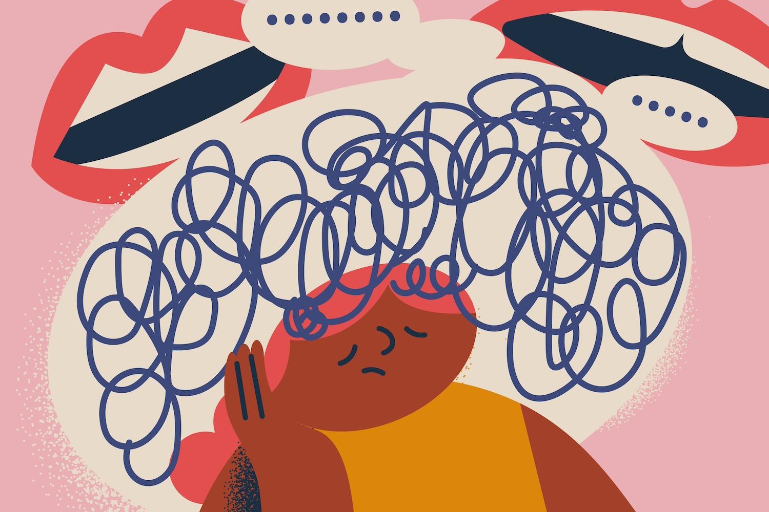 An illustration of a person feeling overwhelmed by the conversation happening around them — 