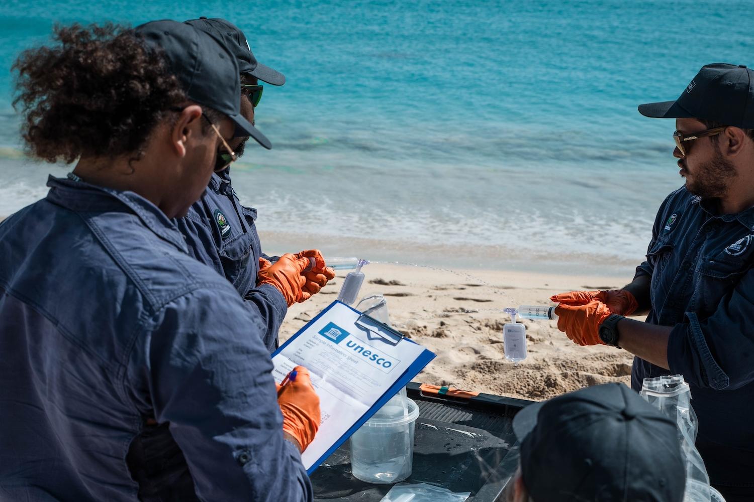 Researchers hold eDNA samples and take notes on a clipboard along along Australia's Ningaloo Coast.