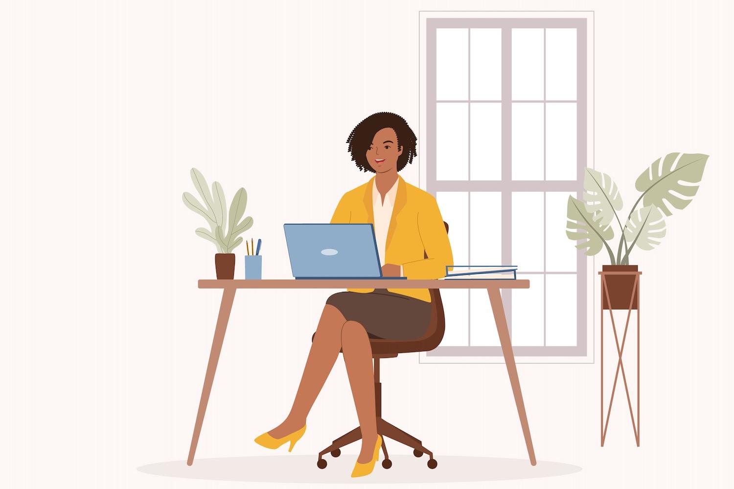 graphic of black woman working at a desk — Black women still face a glass cliff at work