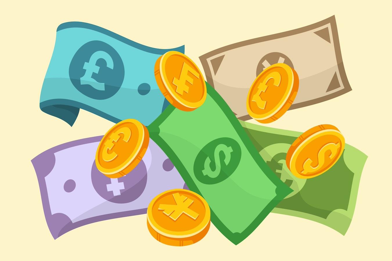 An illustration of currency from around the world — green bond market