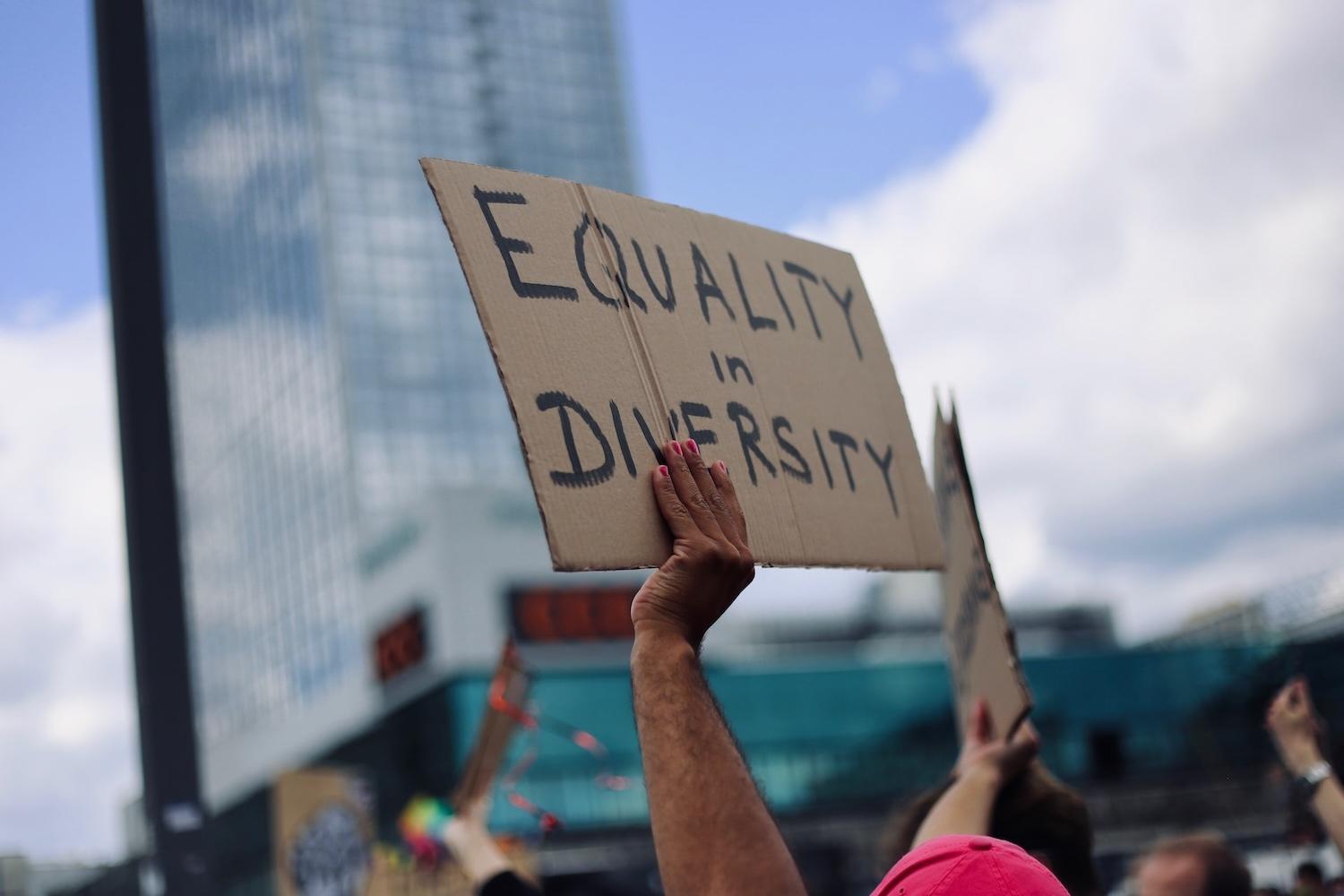 person holding protest sign that reads 'equality in diversity' - diversity hiring