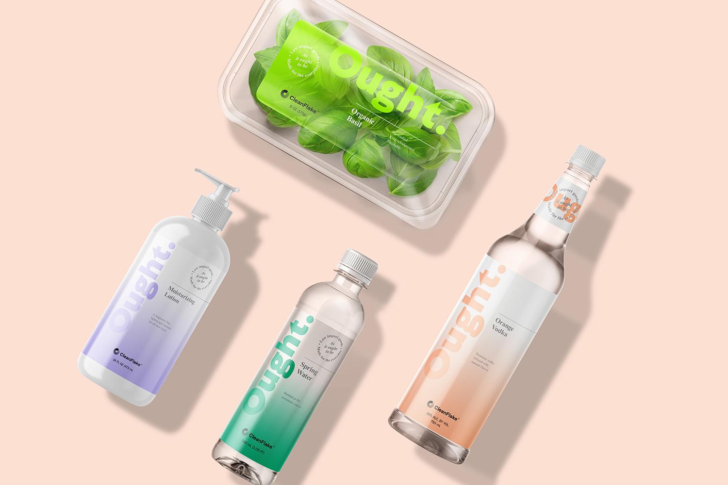 A render of plastic packaging with pressure-sensitive labels, including a spinach, lotion, water, and vodka packaging.