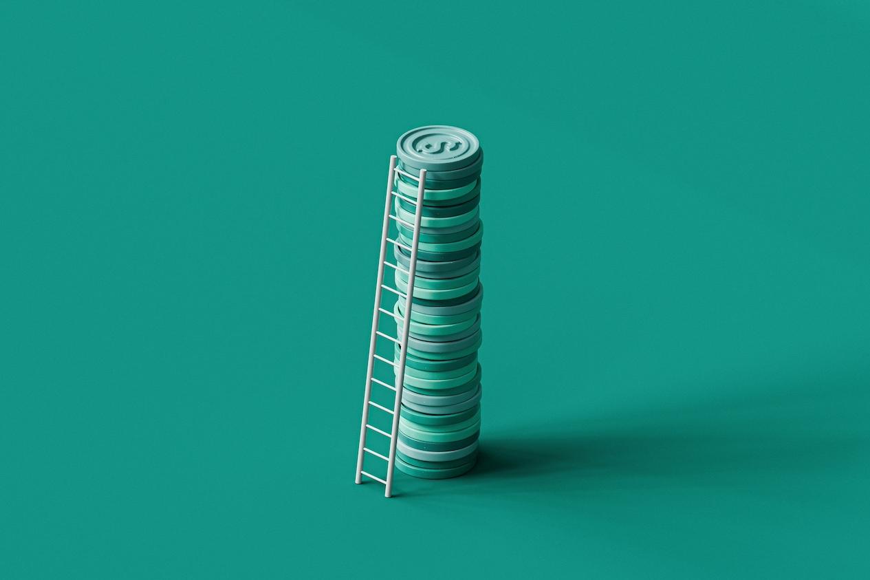 A stack of coins with a ladder leaning against it — sustainable investing