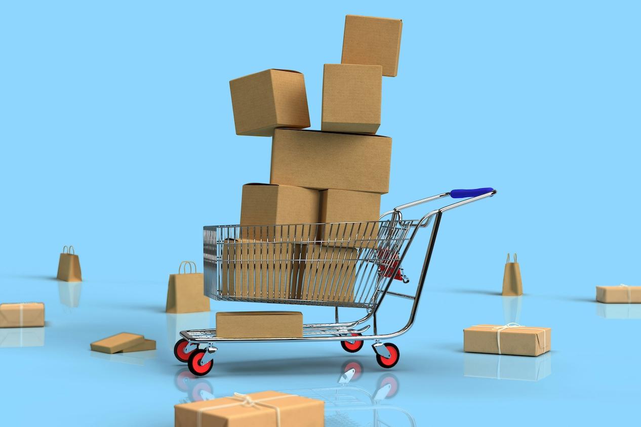 Packages in a shopping cart — sustainable online shopping