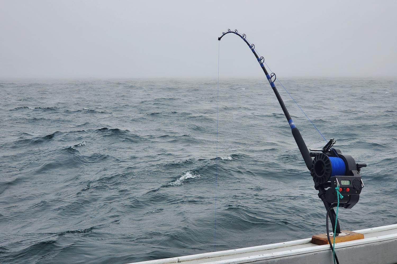 A rod and reel setup on a swordfish fishing boat.