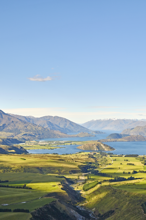 New Zealand — green mountains and fields, lakes and blue sky — grazing land for farmers