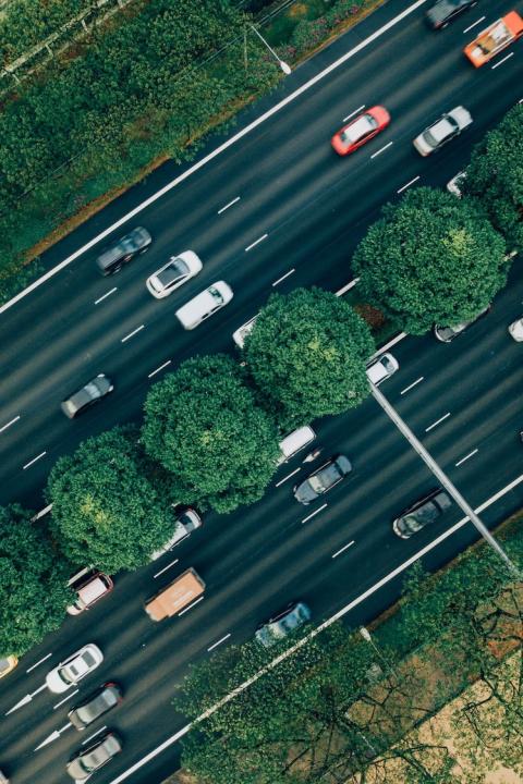 Cars on the highway aerial view