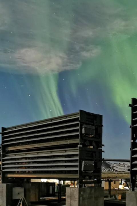 Climeworks' Orca carbon capture plant under the Northern Lights.