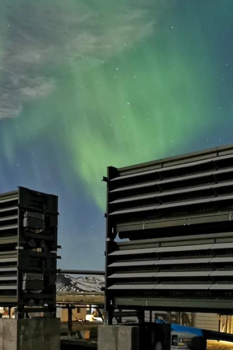 Climeworks' Orca carbon capture plant under the Northern Lights.