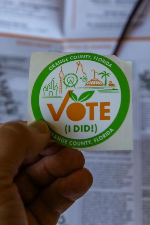 An "I voted" sticker for Orange County, Florida — voting rights