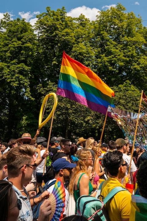 The rainbow pride flag during a Pride Month celebration. 