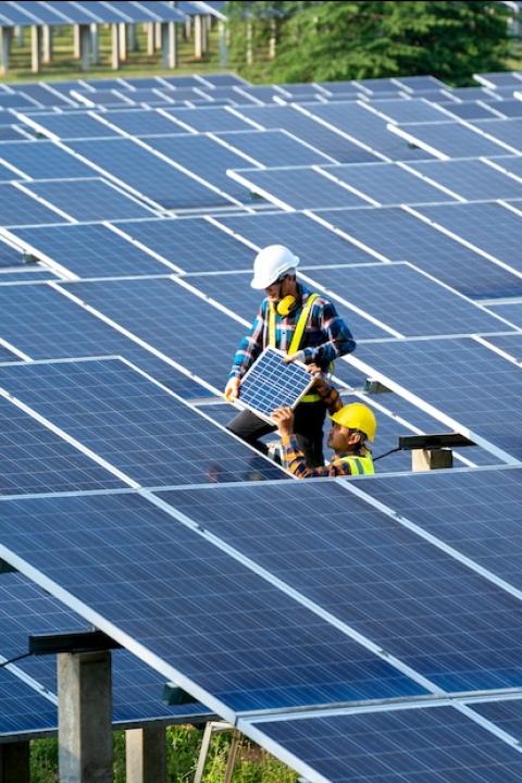 clean energy construction workers building solar farm